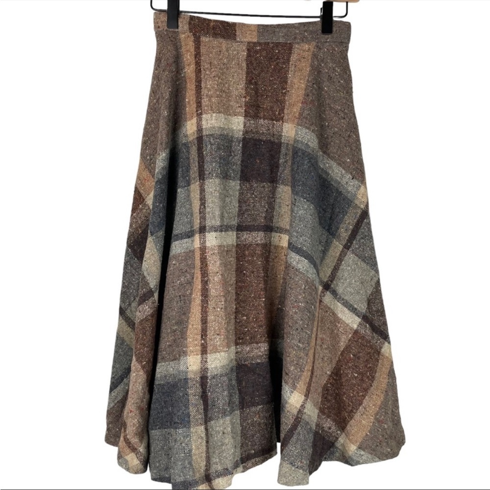 Vintage 70s wool plaid A line midi length skirt brown tones dark academia